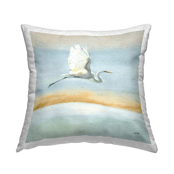 Heron Flying Nautical Landscape Blue Square Outdoor Throw Pillow