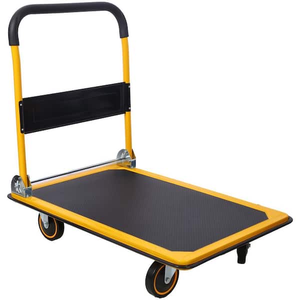 660 lb. D-Handle Foldable Platform Hand Truck with Two 5 in. Swivel Casters and Two Rigid Wheels, Black and Yellow