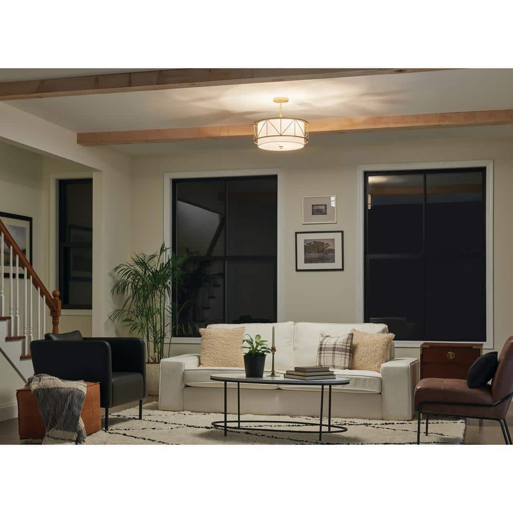Classic Gold 3-Light Drum Pendant with White Fabric Shade
