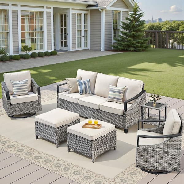 6-Piece Wicker Patio Conversation Set, Outdoor Swivel Chairs with Beige Cushions