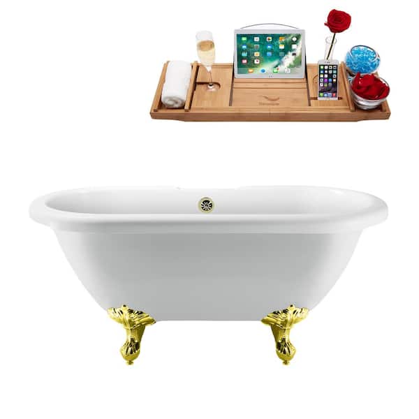 Streamline 67 in. Acrylic Clawfoot Non-Whirlpool Bathtub in Glossy White With Polished Gold Clawfeet And Brushed Nickel Drain