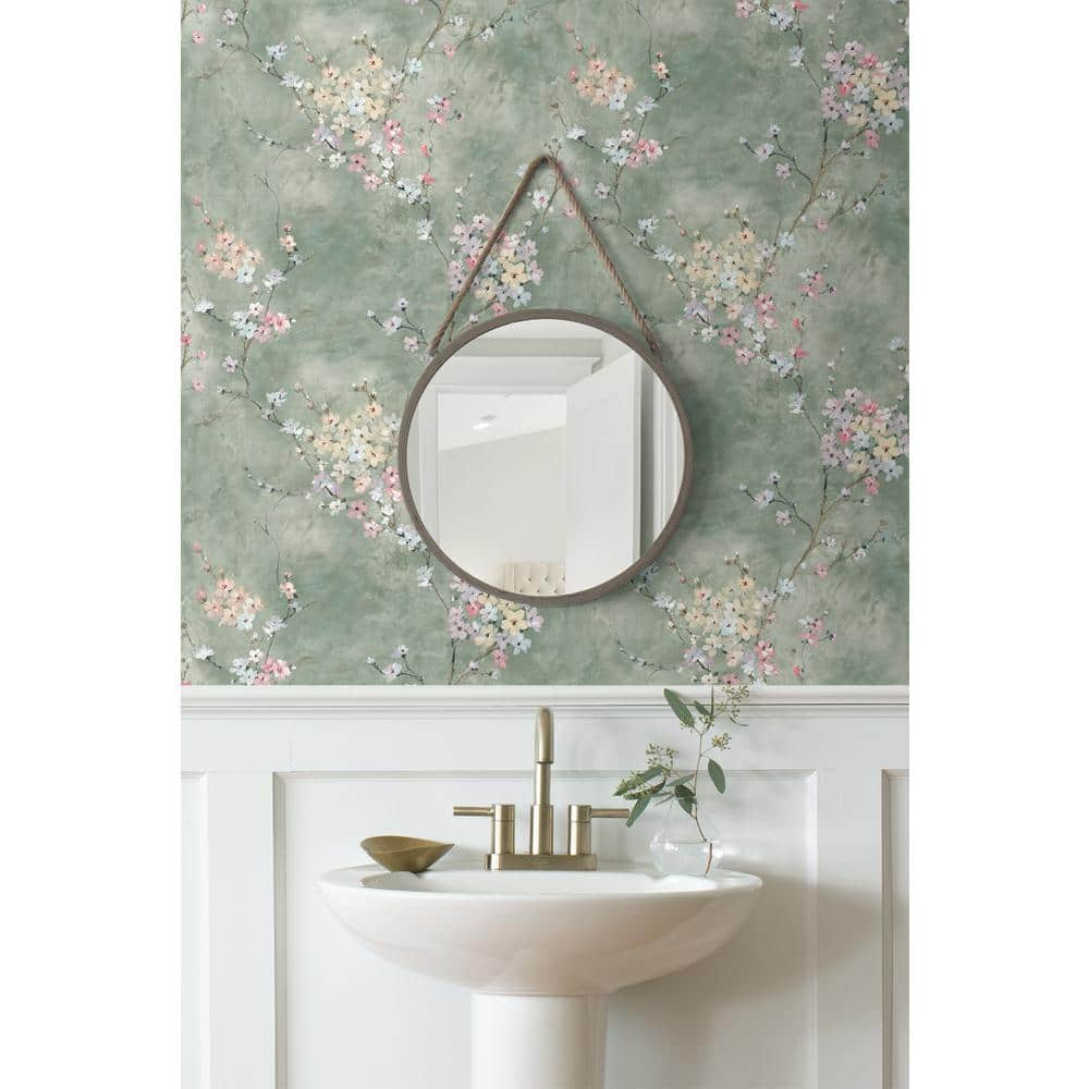 Green Smoke Floral Blossom Peel and Stick Wallpaper Roll
