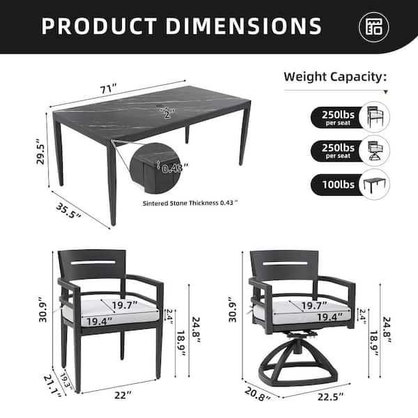 7-Piece Black Modern Aluminum Outdoor Dining Set with Rectangle Dining Table and Dining Chairs with Cast Cushions
