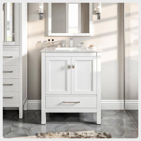 Eviva Aberdeen 24 in. W x 22 in. D x 34 in. H Bath Vanity in White with White Carrara Marble Top with White Sink