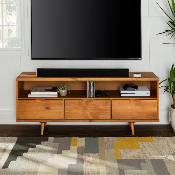 Walker Edison Furniture Company Ivy 58 in. Caramel Wood TV Stand with 3 Drawers Fits TVs Up to 64 in. with Cable Management