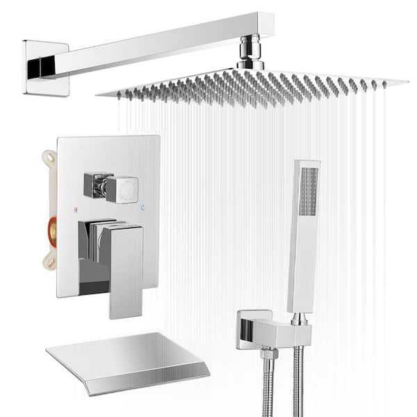 FORCLOVER Single-Handle 3-Spray 12 in. Square Bathroom Tub and Shower Faucet in Chrome (Valve Included)