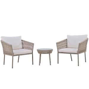 Beige 3-Piece Woven Rope Metal Outdoor Bistro Set with White Cushion