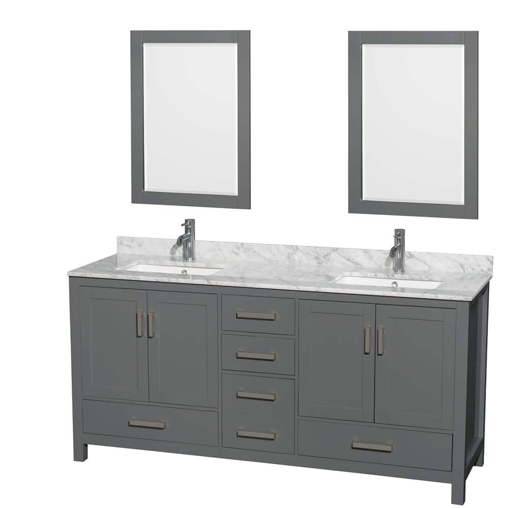 Sheffield 72 in. W x 22 in. D x 35 in. H Double Bath Vanity in Dark Gray with White Carrara Marble Top and 24"" Mirrors -  Wyndham Collection, 700161169546