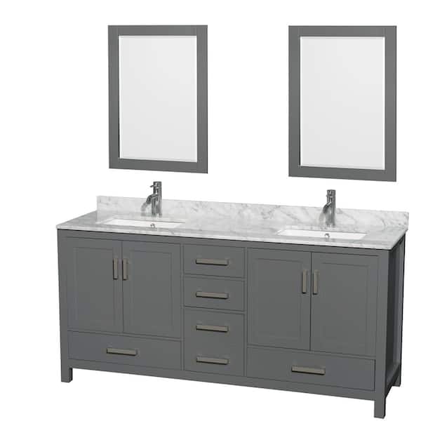 Wyndham Collection Sheffield 72 in. W x 22 in. D x 35 in. H Double Bath Vanity in Dark Gray with White Carrara Marble Top and 24" Mirrors