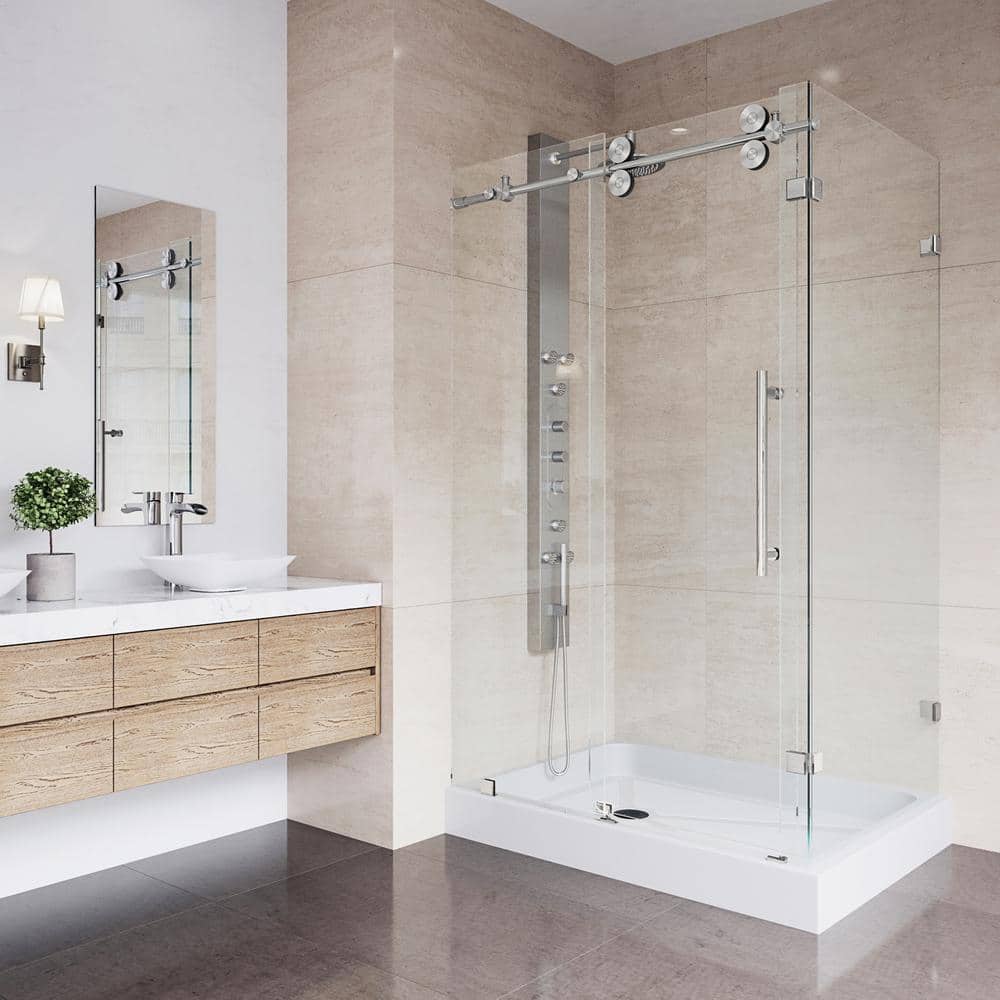 Winslow 46" Black Frameless Sliding Shower Enclosure with Clear Glass
