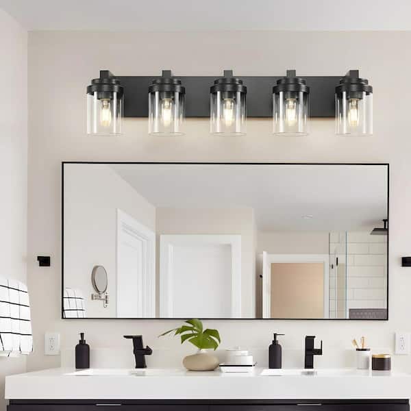 30.8 in. 5-Light Black Bathroom Vanity Light with Clear Glass Shades