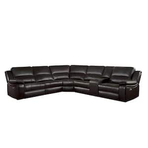 Clayton 135.5 in. Straight Arm 6-piece Faux Leather Modular Power Reclining Sectional Sofa in. Dark Brown