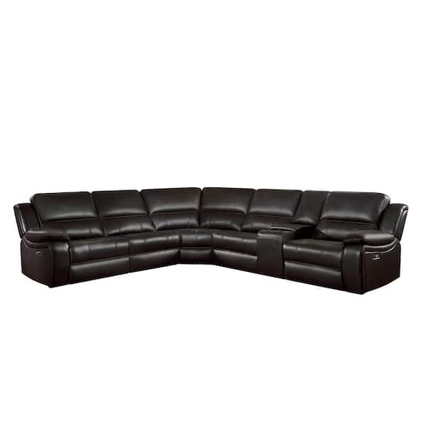 Unbranded Clayton 135.5 in. Straight Arm 6-piece Faux Leather Modular Power Reclining Sectional Sofa in. Dark Brown
