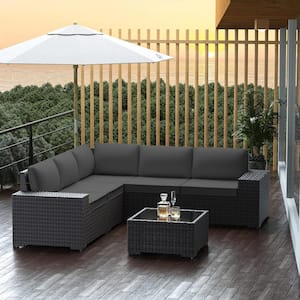 6-Piece Wicker Outdoor Sectional Set with Gray Cushions