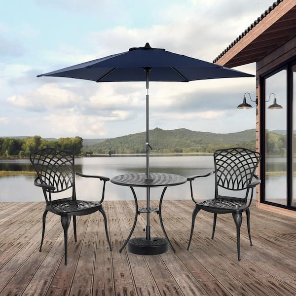 3-Piece Outdoor Black Cast Aluminum Patio Bistro Set Table Umbrella Hole and Chairs with Armrest Set of 2