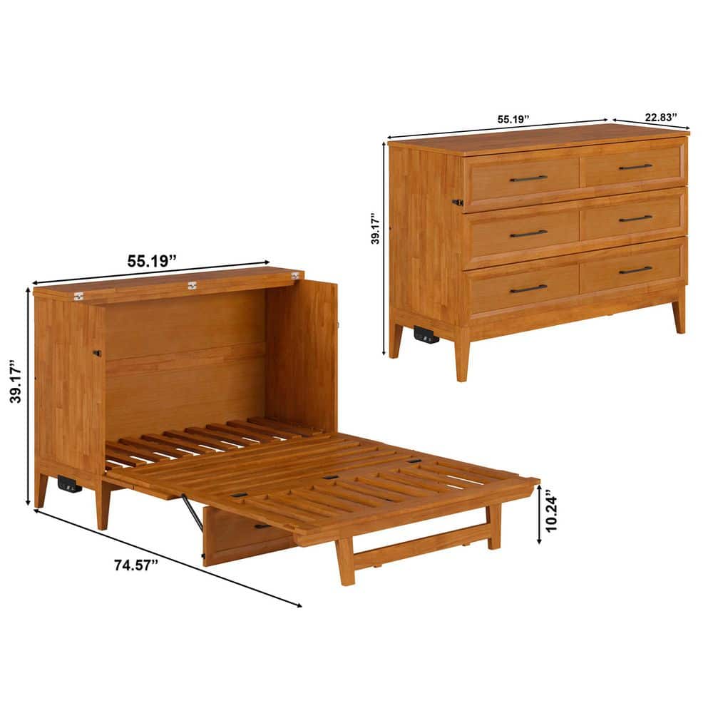 Light Toffee Full Wood Murphy Bed Chest with Mattress and USB Charger