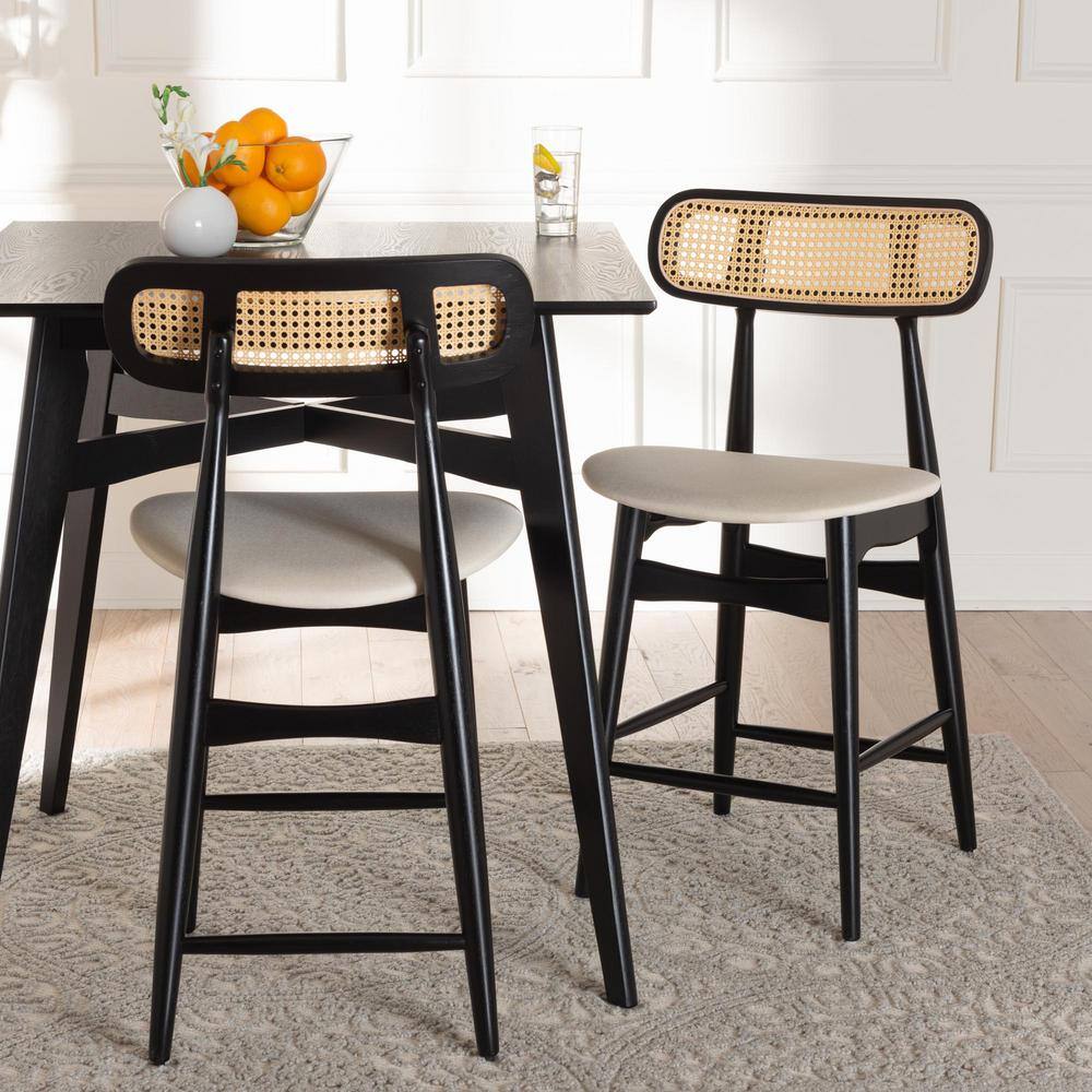 Cream and Black Woven Rattan Wood Counter Stools, Set of 2