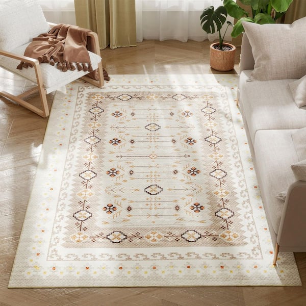 Non-Slip Boho Floor Cover Foldable Carpet 4 x 6 ft. Brown Floral Washable Area Rug Runner Rug