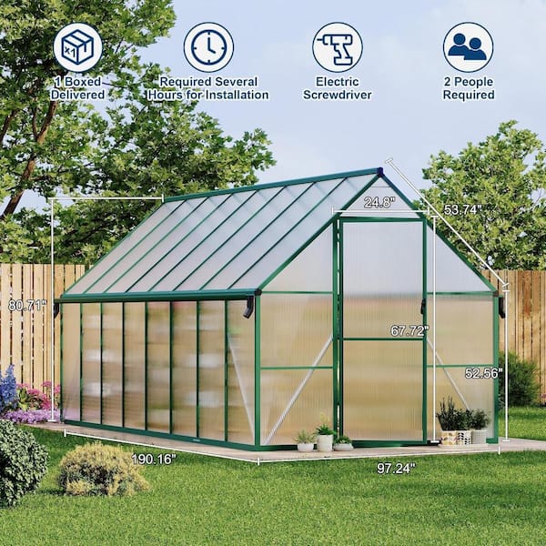 homfan 8x16 FT Polycarbonate Walk-in Greenhouse, Aluminum Frame