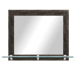 21.5 in. W x 25.5 in. H Rectangular Framed Brown Distressed Horizontal Wall Mirror, Tempered Glass Shelf/Chrome Brackets