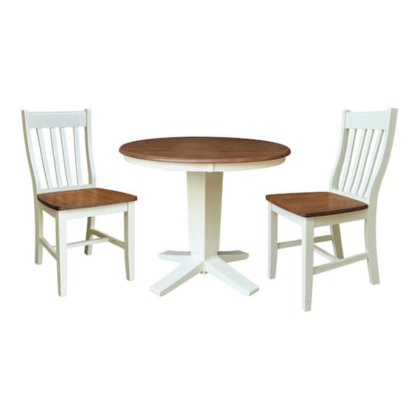 International Concepts Aria Hickory/Shell 36 in Round Solid Wood Top Pedestal Base Dining Table 3-Piece Set with 2 Cafe Chairs, Seats 2
