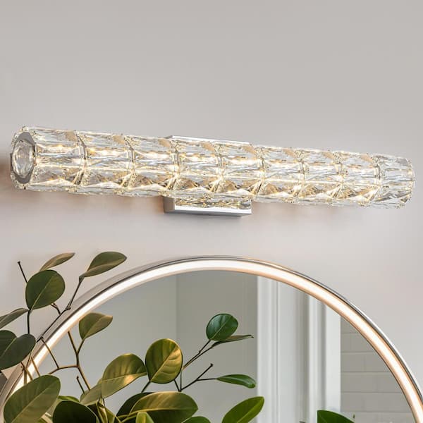 28.5 in. 1-Light Modern Chrome Metal Linear Integrated LED Bathroom Vanity Light Dimmable with Crystal Shade