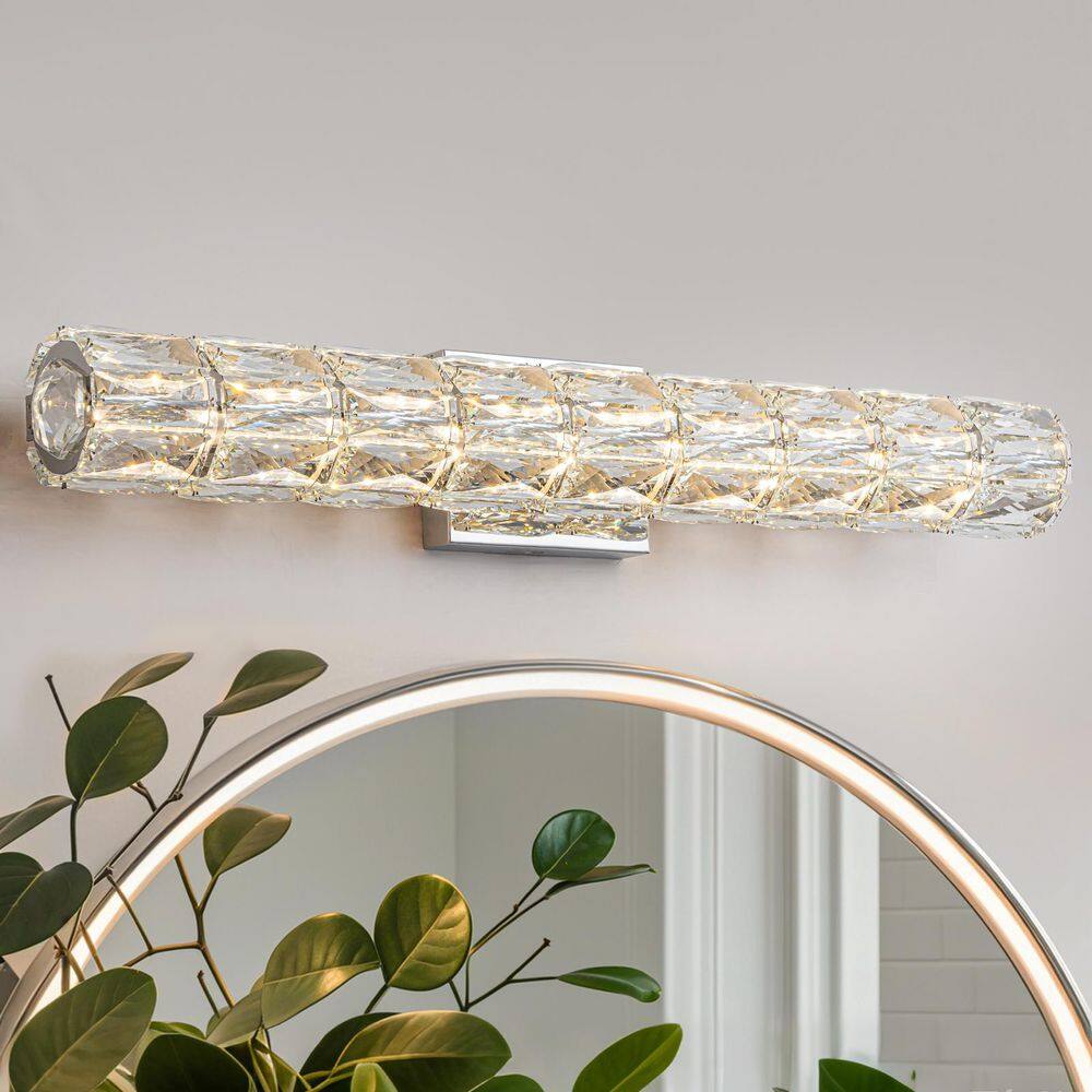 28.5 in. 1-Light Chrome Hexagonal Crystal LED Wall Vanity Light Dimmable, E