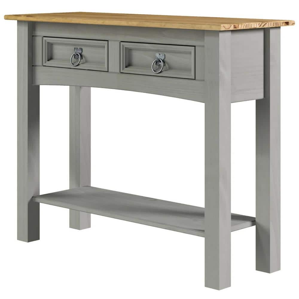 Gray and Antique Brown Solid Pine Console Table with Storage