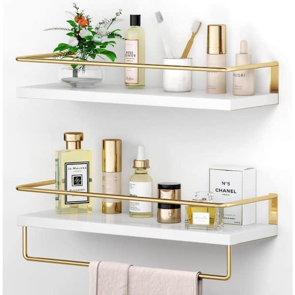 Unbranded 15.7 in. W x 6 in. D White Floating Shelves with Golden Towel Rack, Decorative Wall Shelf - Set of 2