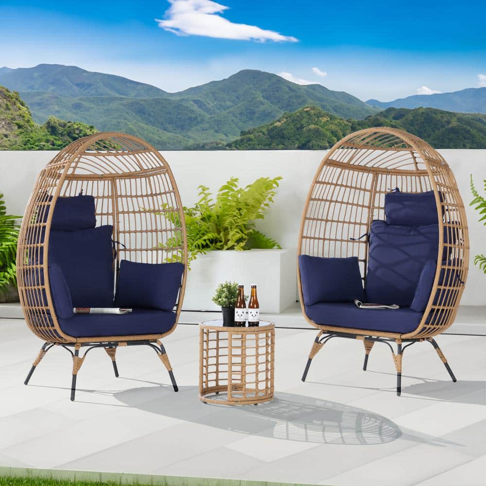 3-Piece Patio Wicker Egg Chair Outdoor Bistro Set with Side Table, with Nav