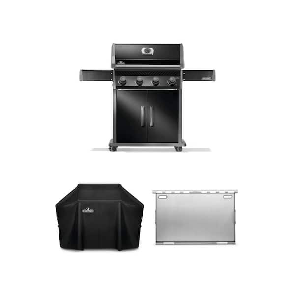 Rogue 525 4-Burner Propane Gas Grill in Black with Grill Cover and Stainless Steel Griddle Insert (3-Piece Bundle)