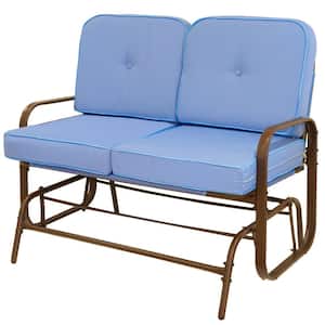 46.5 in. W Loveseat Bench Brown Metal Outdoor Swing Blue Padded Cushion Swing Base Patio Glider with Cushion guard
