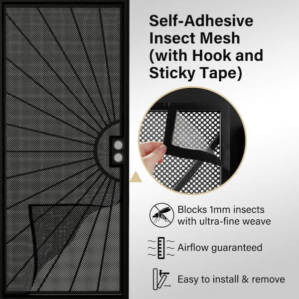 36 in. x 80 in. Reversible Hinging Black Surface Steel Security Door w/ Perforated Metal Screen and Bug Net without Lock