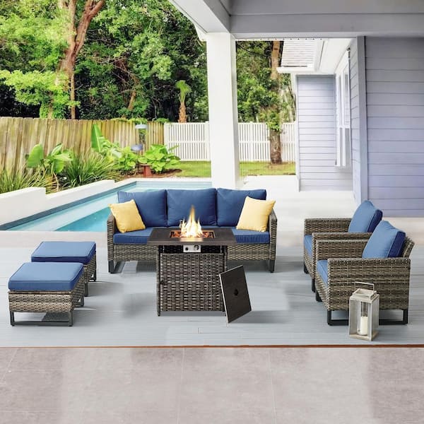 U-Weave 6-Piece Gray Wicker Outdoor Square Fire Pit Conversation Set with Navy Blue Cushions and Sofa Set