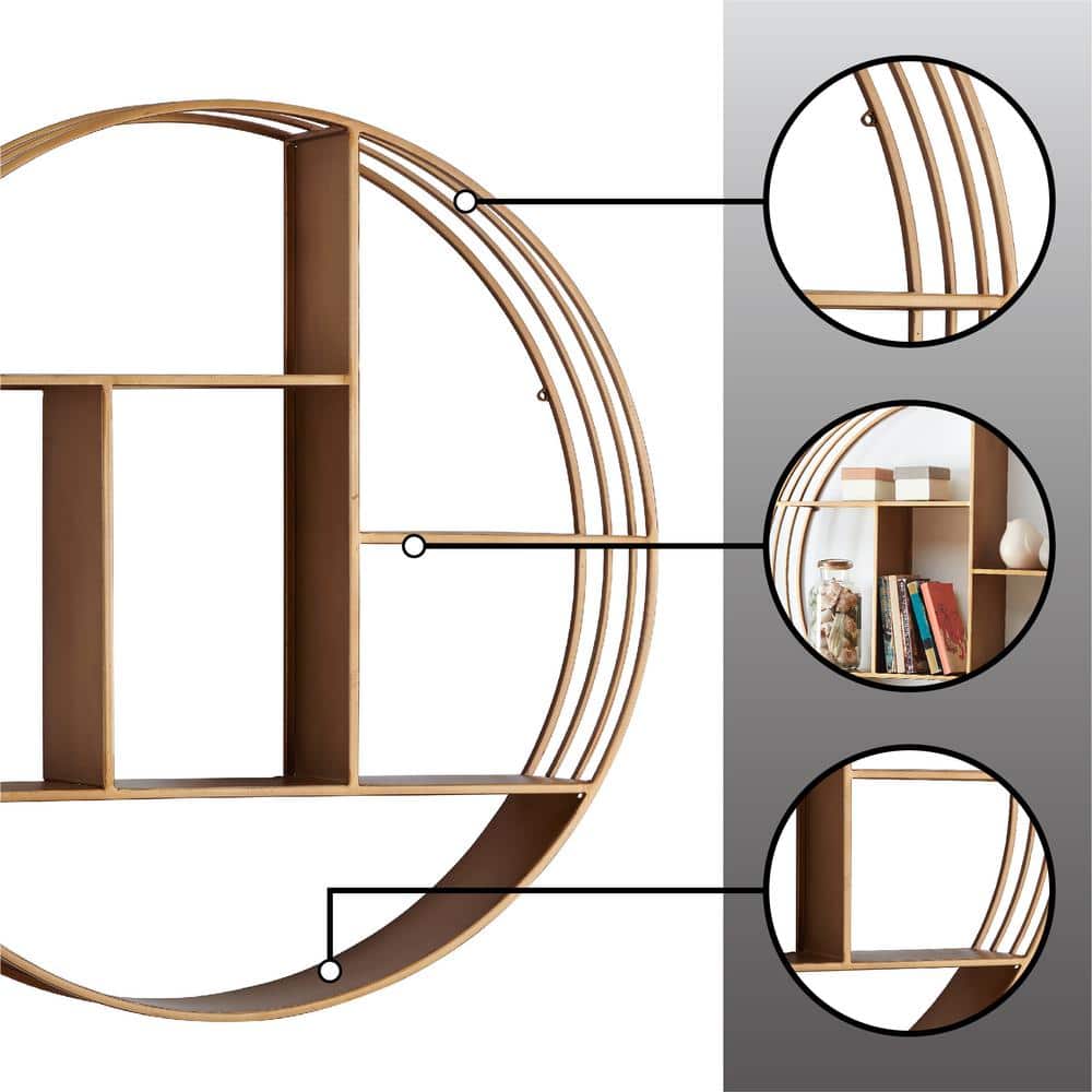 Elegant Gold Circular Metal Wall Shelf, 29.5" Modern Storage