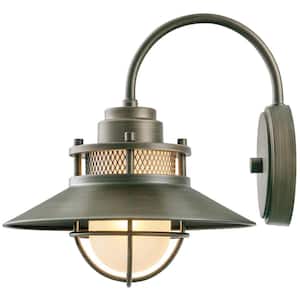 Liam Collection 1-Light Bronze Outdoor Wall Lantern Sconce with Frosted White Glass