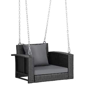 1-Person Black Wicker Porch Swing with Cushion