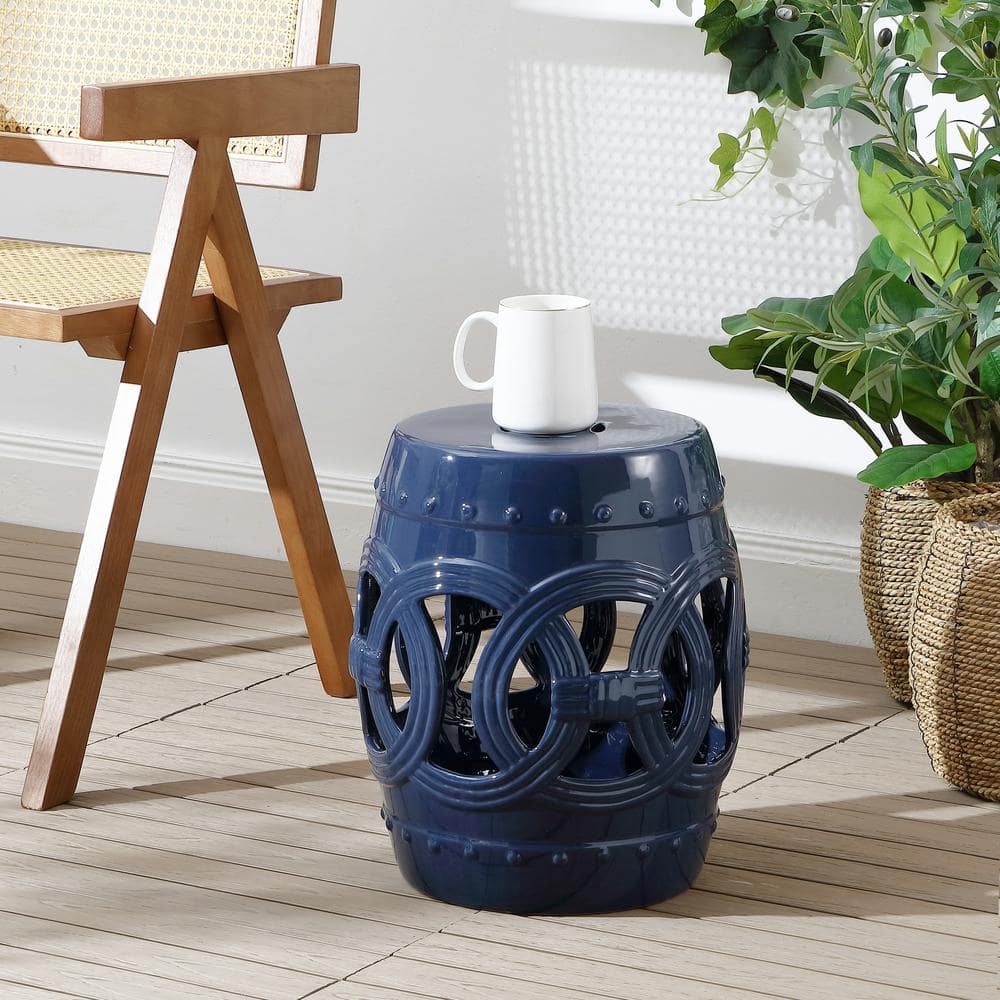 Navy Blue Ceramic Drum Garden Stool with Lucky Coin Design
