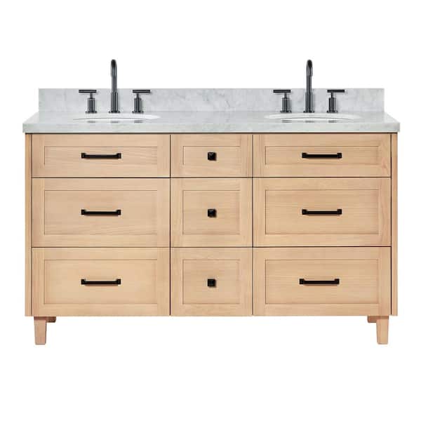 Monroe 61 in. W x 22 in. D x 36 in. H Double Bath Vanity in Oak with Italian Carrara Marble Top