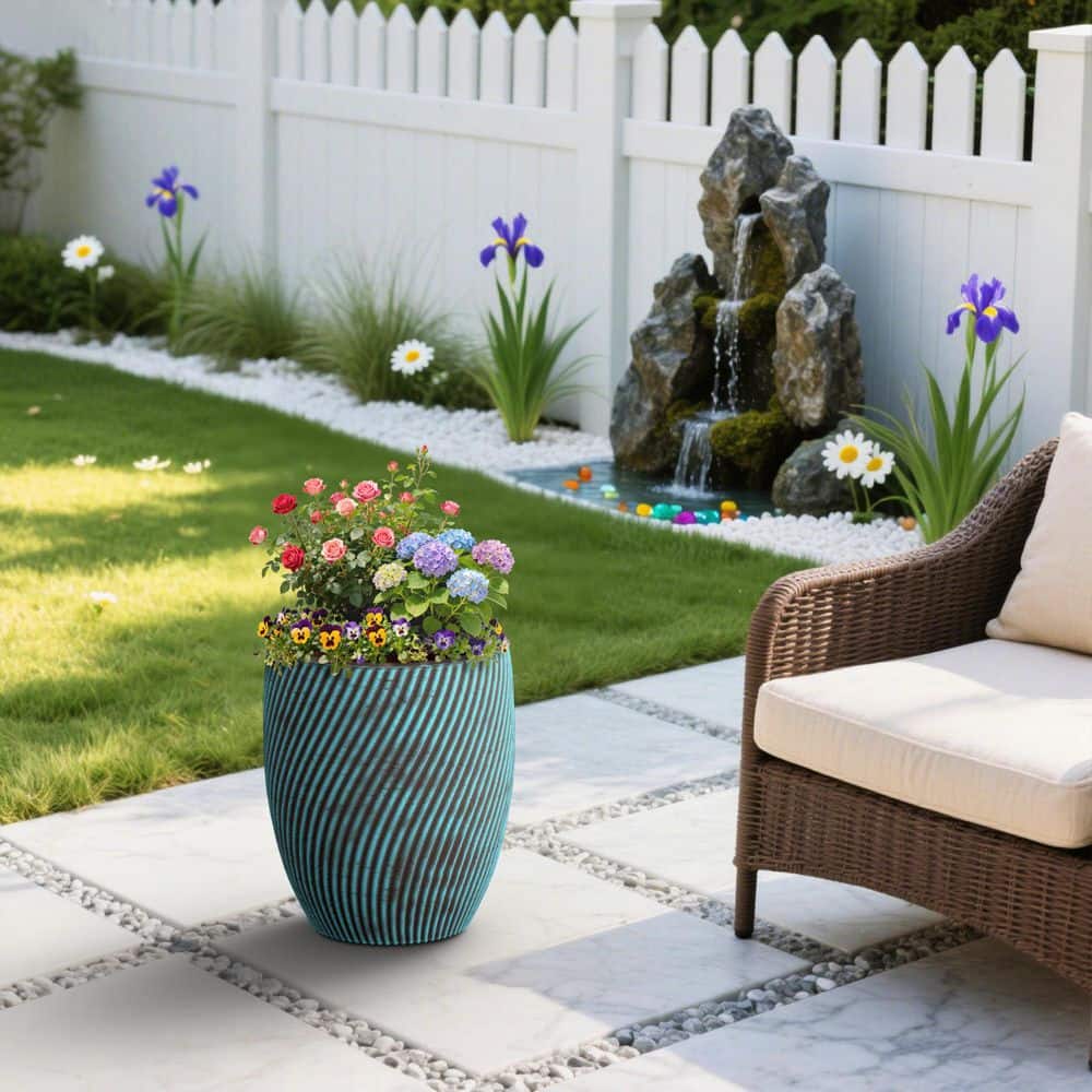 15.5 in.W x 18 in.H Tall Round Concrete Flower Plant Pot w/ Turquoise Stripes Large Outdoor Planter w/ Drainage Holes price history on PriceWatchPro