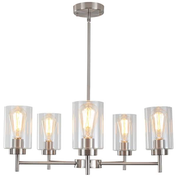 5-Light Nickel Hanging Modern Linear Chandelier Lighting Kitchen Island Ceiling Light with Glass Shade