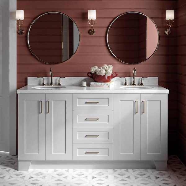 ARIEL Taylor 67 in. W x 22 in. D x 36 in. H Double Sink Freestanding Bath Vanity in Grey with Carrara White Marble Top