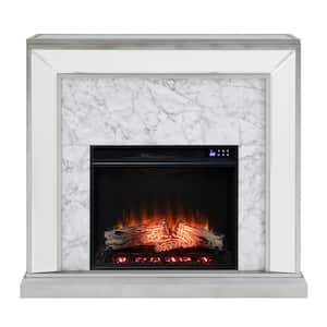 Legamma 44 in. Mirrored and Faux Marble Electric Fireplace in White