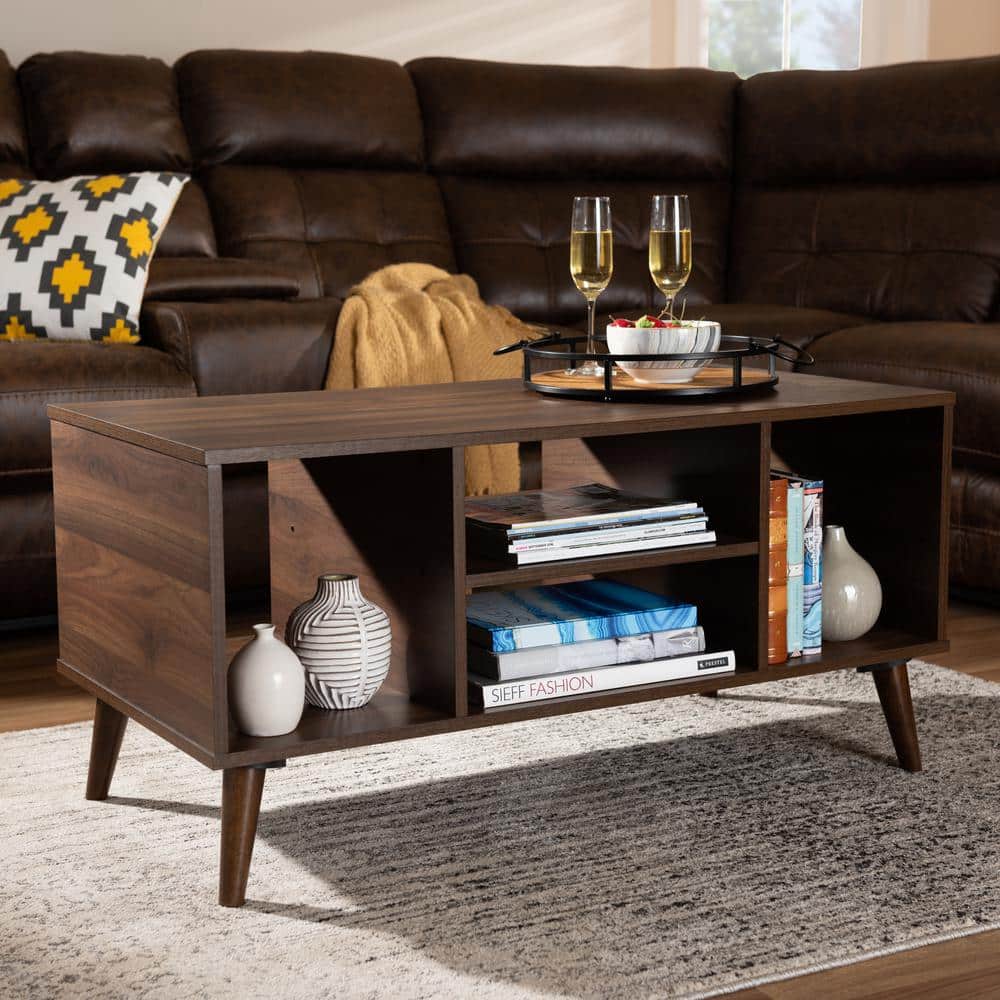 Linas Mid-Century Walnut Wood Coffee Table with Shelves