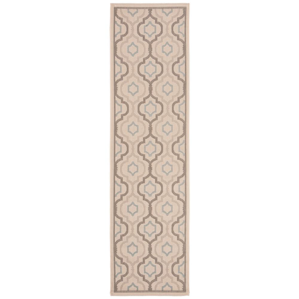 Beige and Aqua Geometric Pattern Outdoor Runner Rug