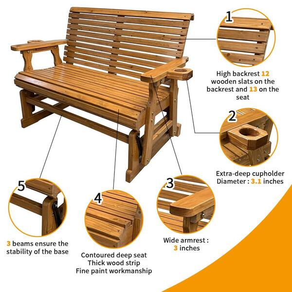 Innovaze Solid Fir Wood Patio Glider with Cupholders High Roll Back and Deep Contoured Seat Brown MGCS BP2312