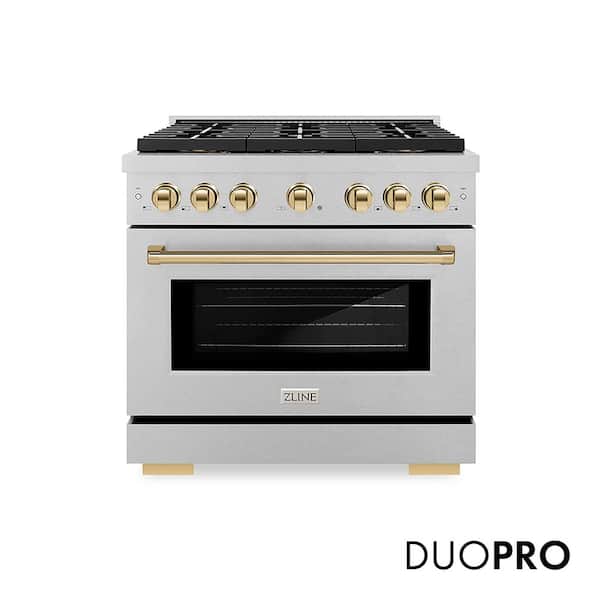 Autograph 36 in. 5.2 cu. ft. Paramount Dual Fuel Range with 6 Burner DuoPro Cooktop in Satin Stainless Steel and Gold