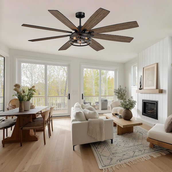 72 in. Indoor Matte Black Caged Ceiling Fan with Light Kit, Reversible Blades, and 6 Spand and Remote Included