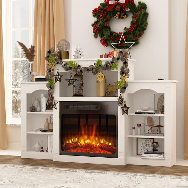 White TV Stand Entertainment Center Fits TV's up to 60 in. W with Electric Fireplace and 7 Open Shelves