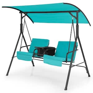 2-Person Steel Porch Patio Swing with Cushions, Cooler Bag, Adjustable Canopy, 360° Rotatable Tray, Turquoise
